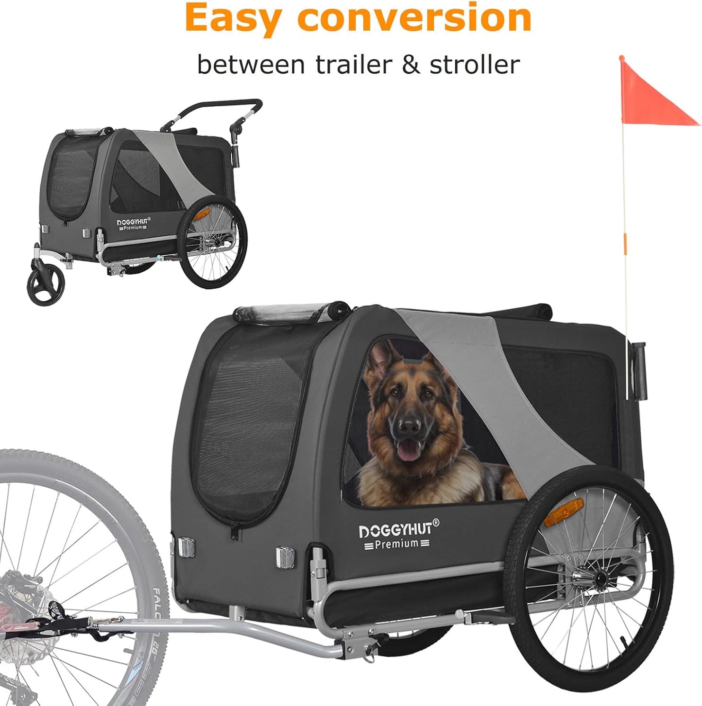 DOGGYHUT® Premium XL 2-in-1 Fahrradanhänger & Jogger – Für Große Hunde (23-45 kg)