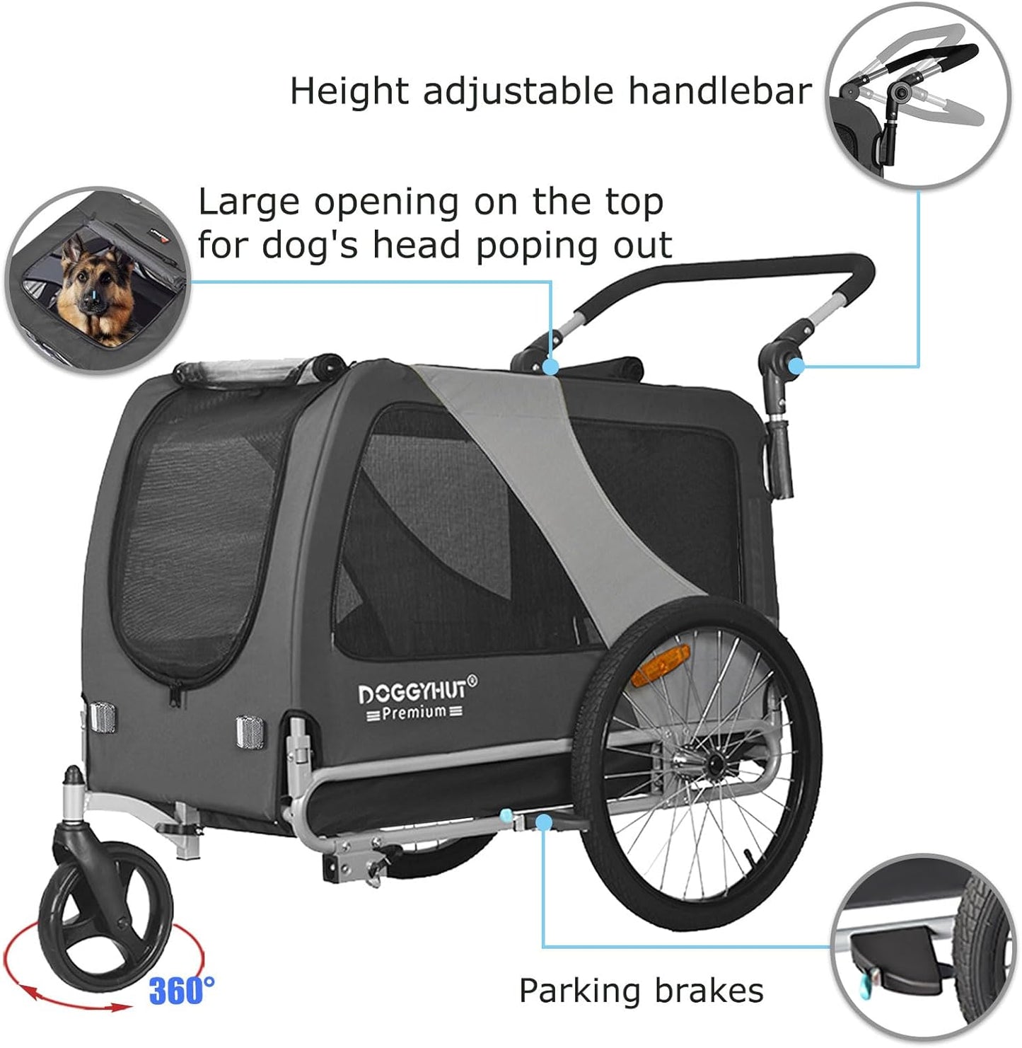 DOGGYHUT® Premium XL 2-in-1 Fahrradanhänger & Jogger – Für Große Hunde (23-45 kg)