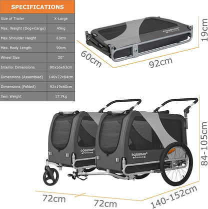 DOGGYHUT® Premium XL 2-in-1 Fahrradanhänger & Jogger – Für Große Hunde (23-45 kg)