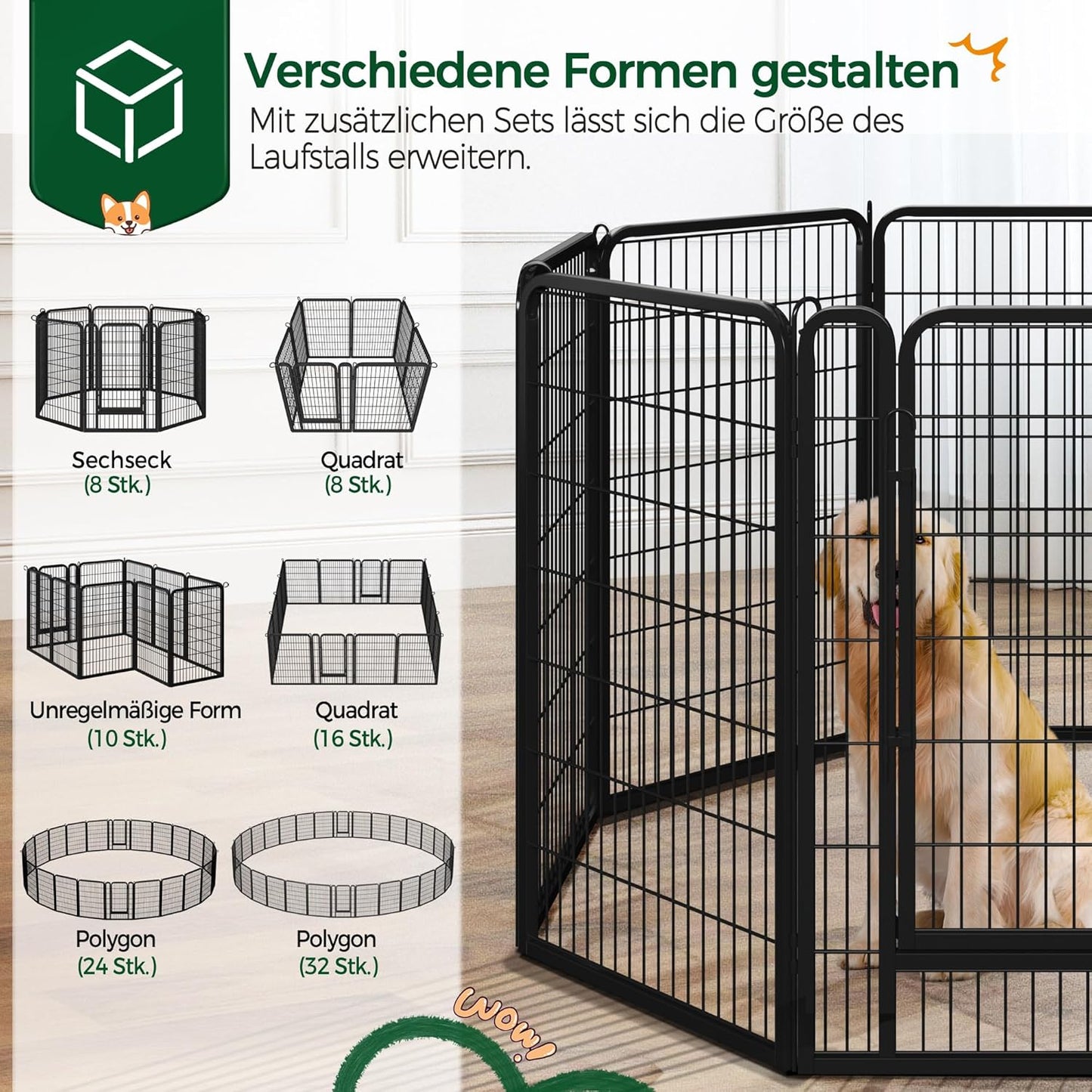Yaheetech Premium Welpenauslauf (16-tlg, 100cm hoch) – Freigehege mit 2 Türen & Sicherer Verriegelung
